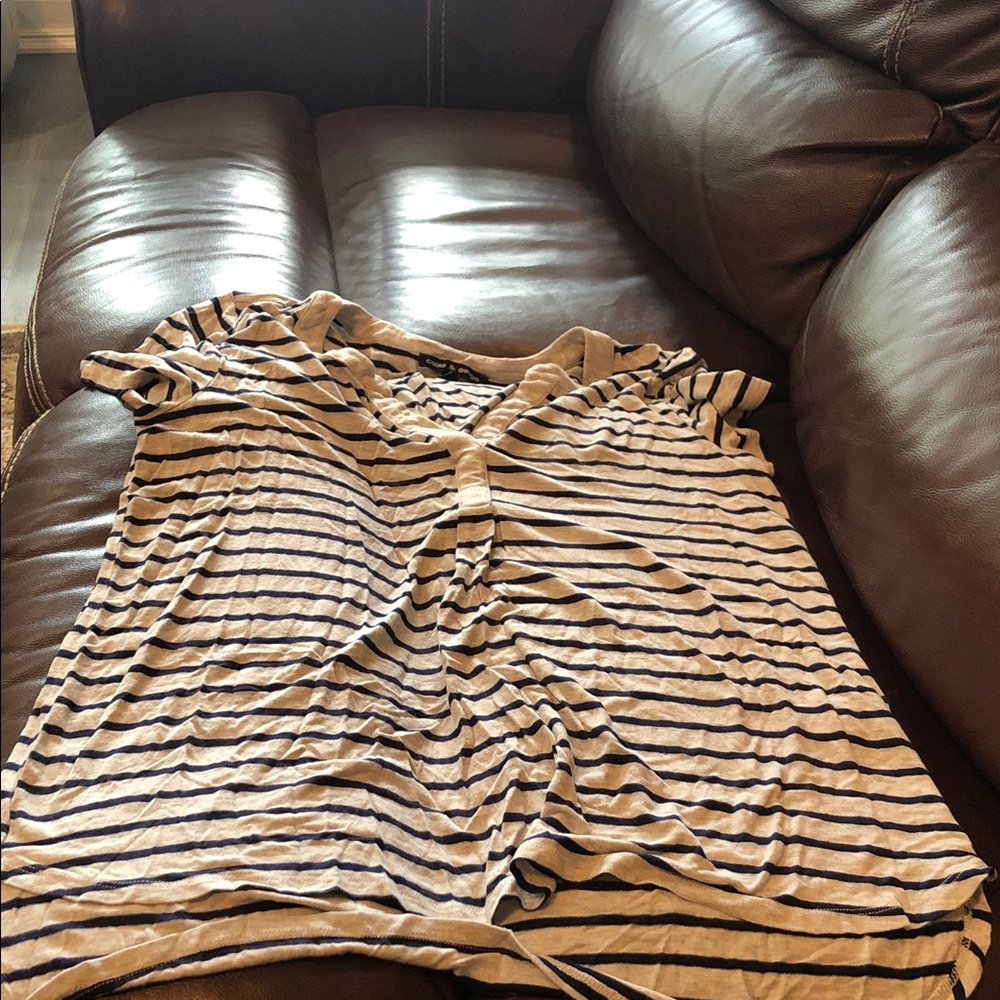 Cable & Gauge Striped Short Sleeve Top - Beige & Navy